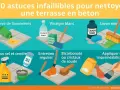 Astuces pour enlever le vert sur terrasse béton : terre de Sommières, vinaigre blanc, savon noir, gros sel, entretien régulier, bicarbonate, imperméabilisant.