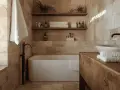 Salle de bain en travertin, baignoire îlot, lavabo sur meuble bois. Avis sur l'entretien travertin : facile et durable.