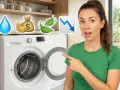 Une femme pointe une machine à laver, avec des icônes symbolisant la réduction de la consommation d'eau et de lessive, et donc des économies.
