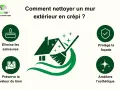 Nettoyer un mur extérieur en crépi pour enlever le vert et les salissures. L'image montre une maison propre, protégée et esthétique.
