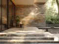 Escalier en pose travertin sur dalle béton, menant à une terrasse moderne avec mur en pierre naturelle et végétation luxuriante.