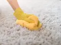Main tenant, une main gantée de jaune frotte une moquette épaisse. Le nettoyage moquette vapeur redonne son éclat à ce tapis.