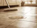 Une serpillière s'apprête à nettoyer des taches blanches sur un carrelage ancien.