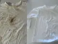 Avant/après : une chemise blanche tachée de terre et de nourriture, puis parfaitement propre. Une démonstration de comment enlever tache sur chemise blanche.