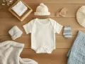 Ensemble de vêtements pour bébé : body, bonnets, chaussettes et couverture. Prêt pour le laver linge bébé.