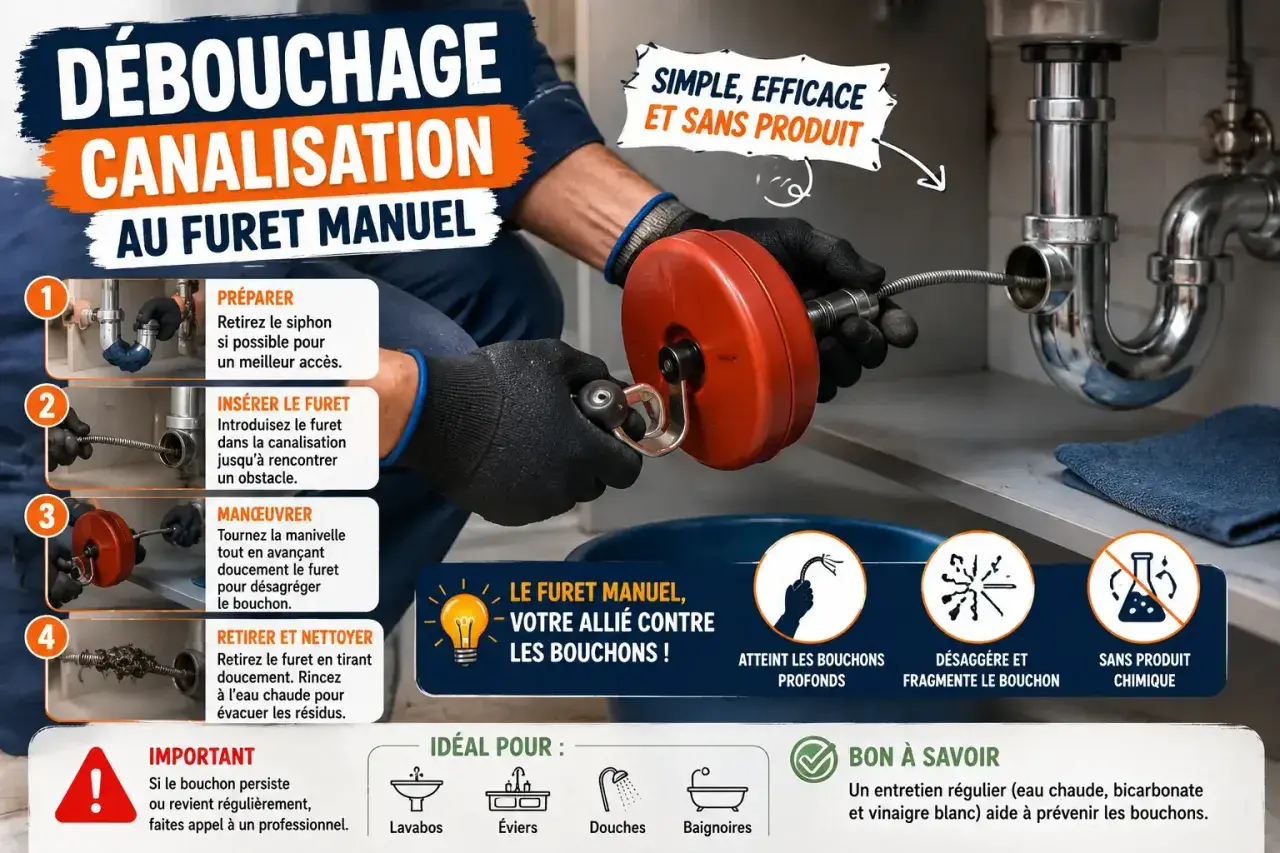 Un homme utilise un furet manuel pour déboucher une canalisation sous un évier. L'image montre les étapes pour un débouchage efficace.