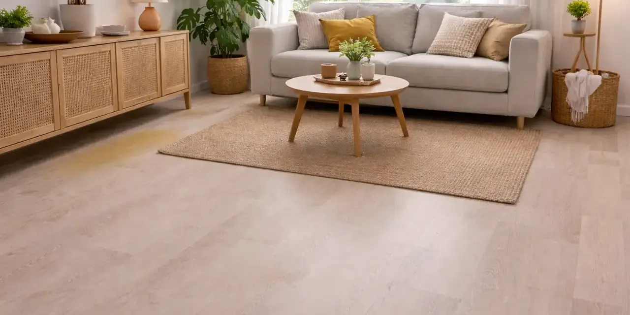 Un salon moderne avec un canapé gris, une table basse en bois et un tapis. Une tache jaune sur le lino, près d'un buffet en rotin, semble tenace.