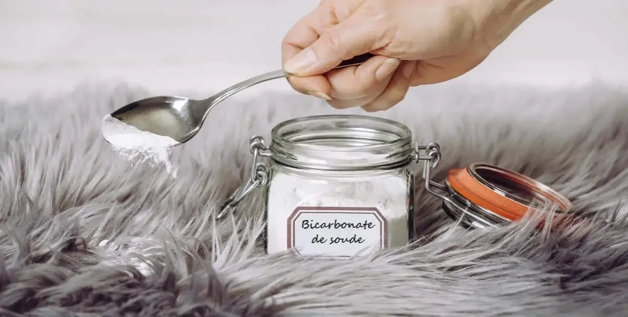 Une main tient une cuillère de bicarbonate de soude au-dessus d'un tapis moelleux. Le bicarbonate de soude est un produit naturel et polyvalent pour le nettoyage.