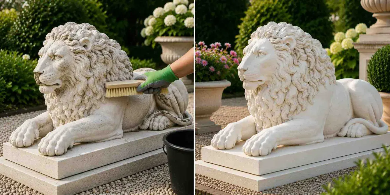 Comment nettoyer une statue de jardin en pierre : une main gantée brosse la crinière d'un lion en pierre. À côté, le lion est propre et resplendissant.