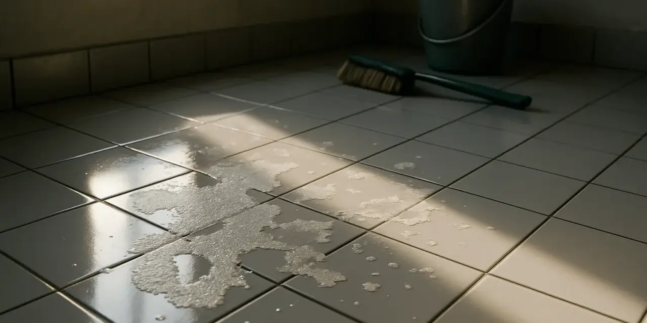 Nettoyage de tomettes avec un seau, une brosse et une flaque d'eau, peut-être pour décaper tomettes acide chlorhydrique.