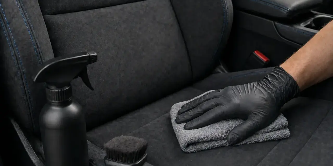 Main tenant, ganté, nettoie un siège de voiture en alcantara avec un chiffon. Un spray et une brosse sont à proximité, pour savoir comment nettoyer un canapé en alcantara.