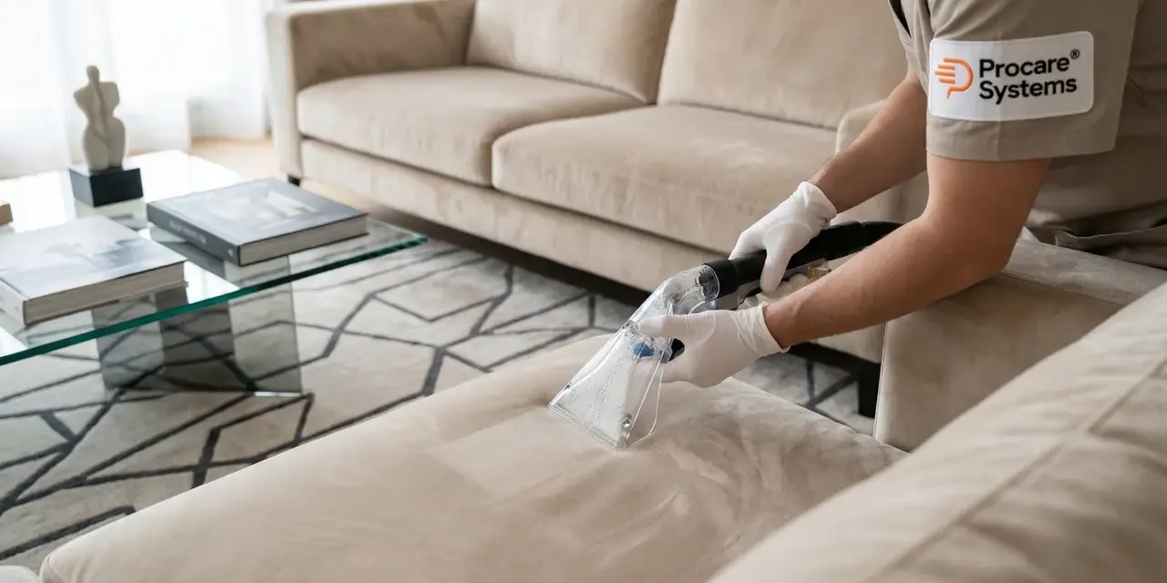 Un professionnel utilise un appareil pour nettoyer un canapé beige. Ce **produit maison pour shampouineuse canapé** redonne un coup de neuf à votre mobilier.
