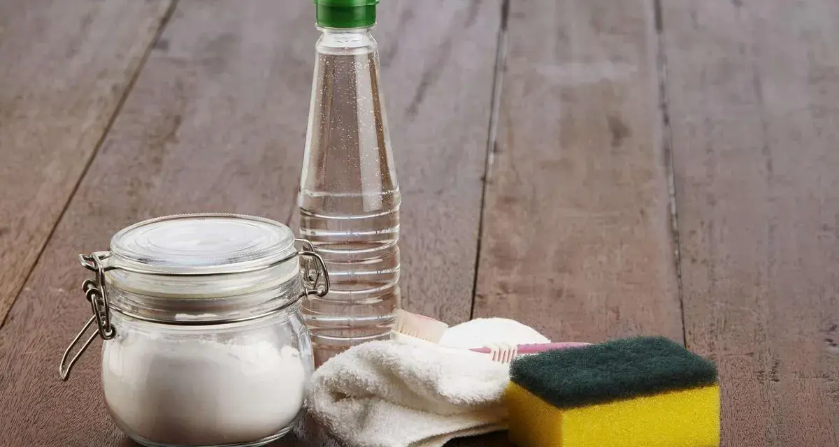 Bicarbonate de soude dans un bocal, une bouteille de vinaigre, une éponge et une brosse à dents. Idéal pour 15 utilisations du bicarbonate de soude.