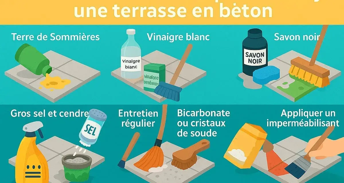 Astuces pour enlever le vert sur terrasse béton : terre de Sommières, vinaigre blanc, savon noir, gros sel, entretien régulier, bicarbonate, imperméabilisant.