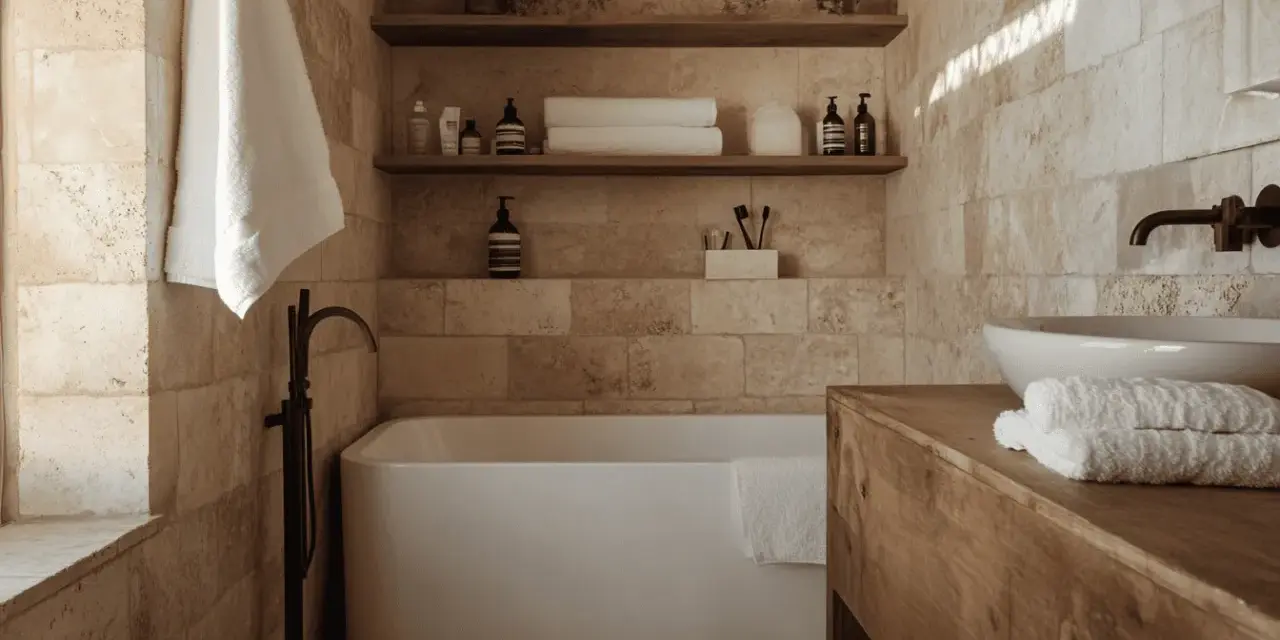 Salle de bain en travertin, baignoire îlot, lavabo sur meuble bois. Avis sur l'entretien travertin : facile et durable.