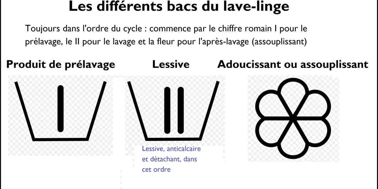Symbole adoucissant : une fleur stylisée pour l'après-lavage. Le bac I est pour le prélavage, le II pour la lessive.