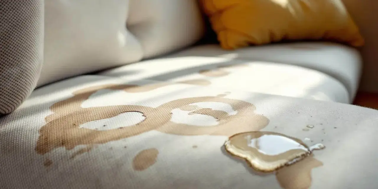 Une tache auréole sur le tissu d'un canapé beige, avec une flaque de liquide brun clair.