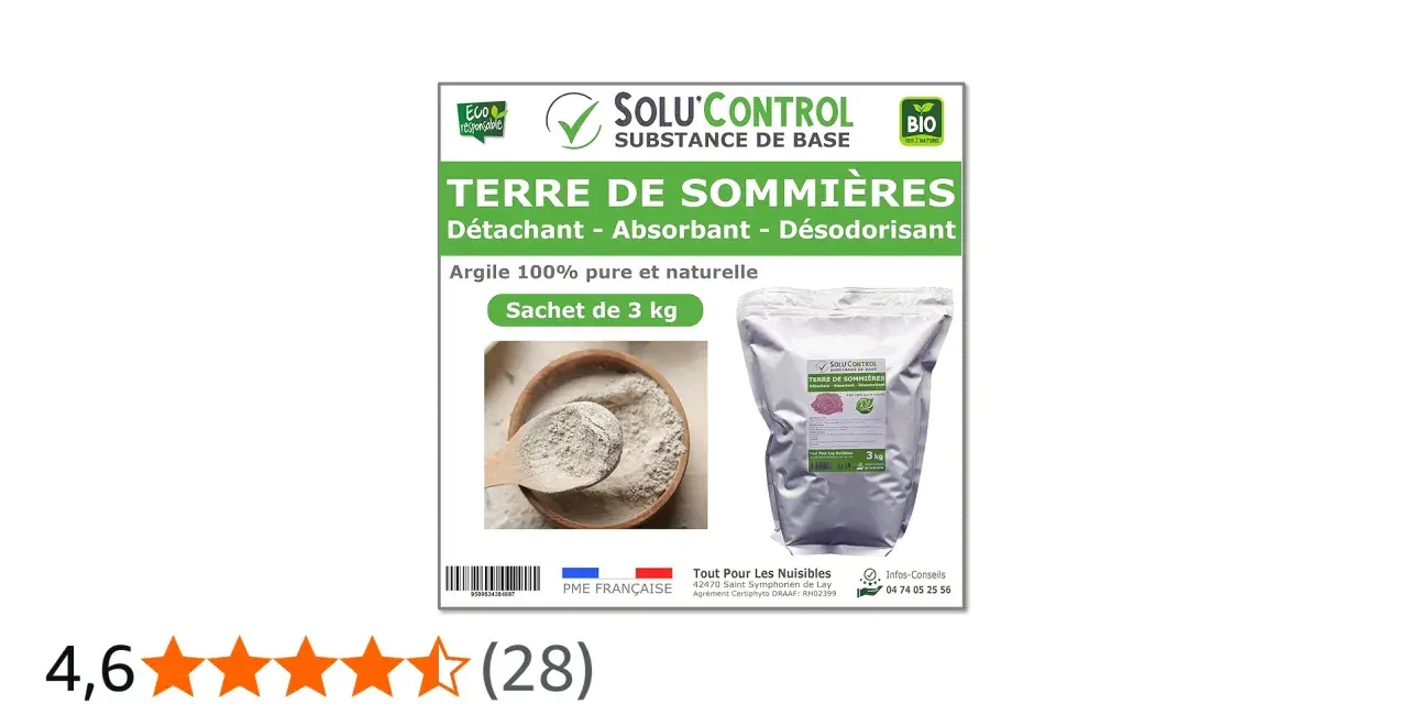 Terre de Sommières 3kg, absorbant naturel pour neutraliser les odeurs, y compris l'urine de chat. Idéal pour un nettoyage écologique.