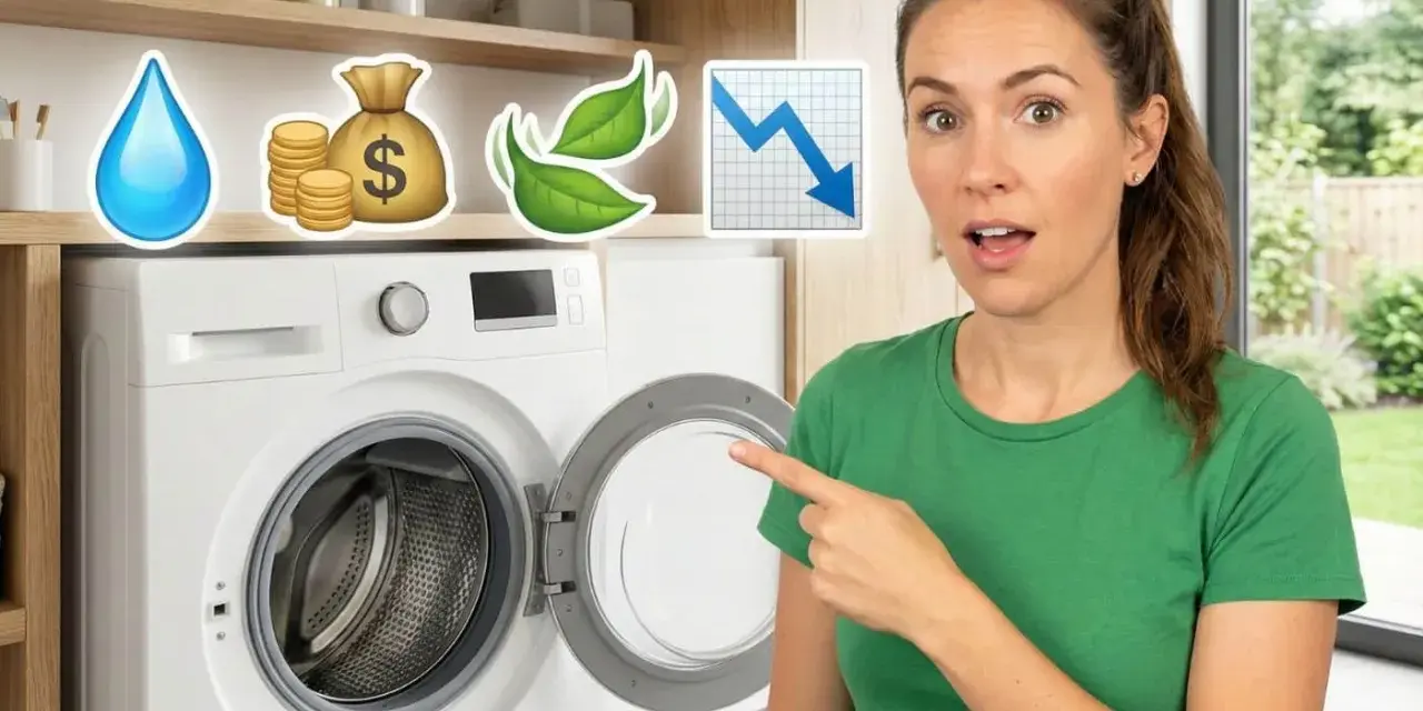 Une femme pointe une machine à laver, avec des icônes symbolisant la réduction de la consommation d'eau et de lessive, et donc des économies.