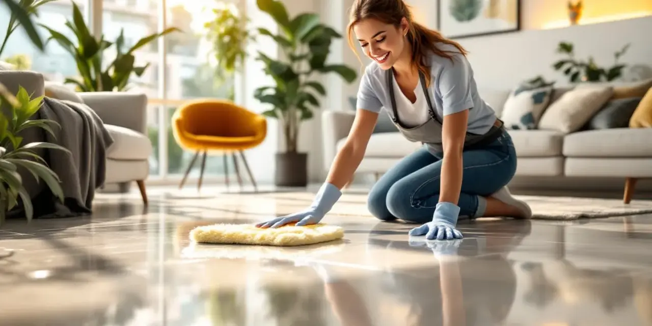 Une femme souriante, agenouillée, utilise une éponge jaune pour faire briller un lino terne dans un salon lumineux.