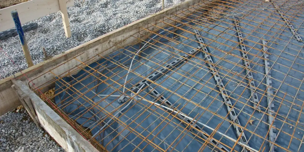 Préparation pour couler une dalle béton : film plastique, treillis métallique et coffrage en bois. On ne coule pas une dalle béton directement sur la terre.