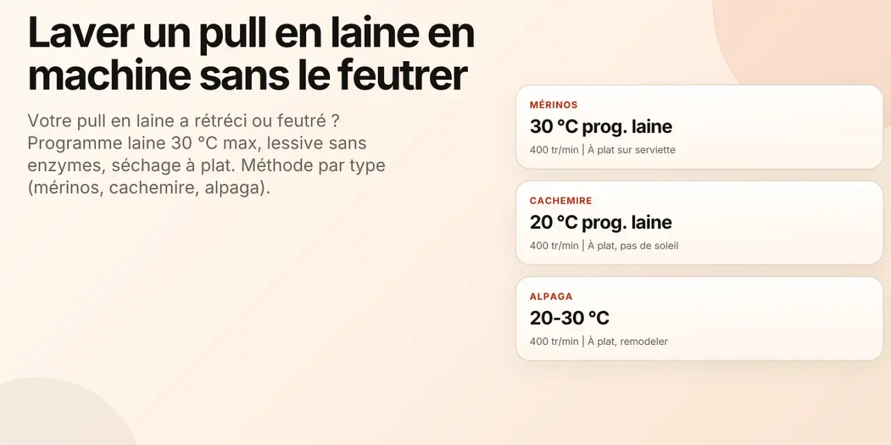 Comment laver pull en laine : programme laine 30°C max, lessive sans enzymes, séchage à plat pour mérinos, cachemire, alpaga.