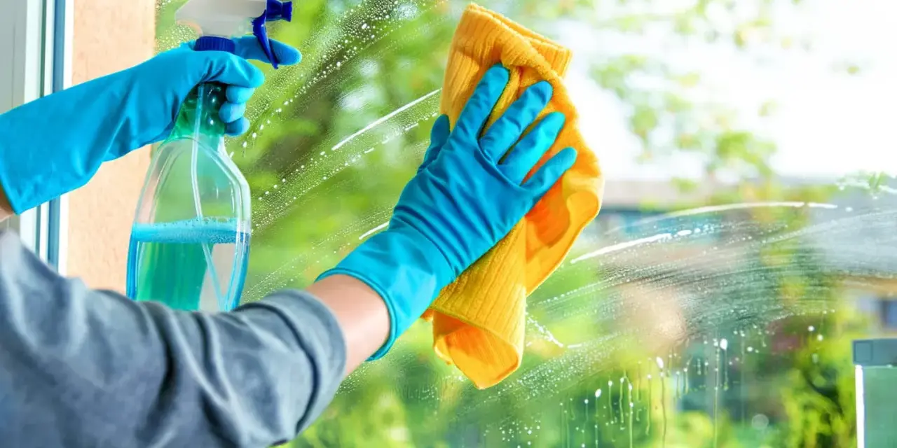 Mains gantées de bleu pulvérisent un produit pour nettoyer les vitres sans traces, puis essuient avec un chiffon jaune.
