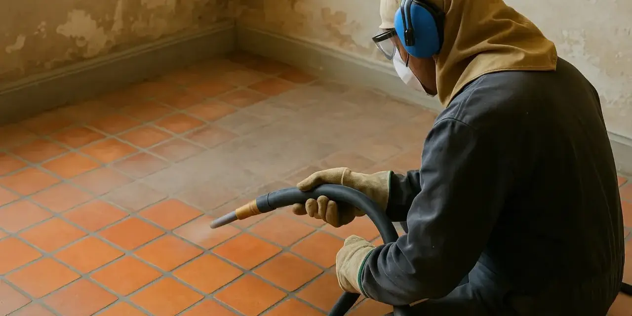 Un ouvrier protégé utilise un appareil pour décaper un carrelage ancien. La poussière s'élève, révélant la beauté sous-jacente.