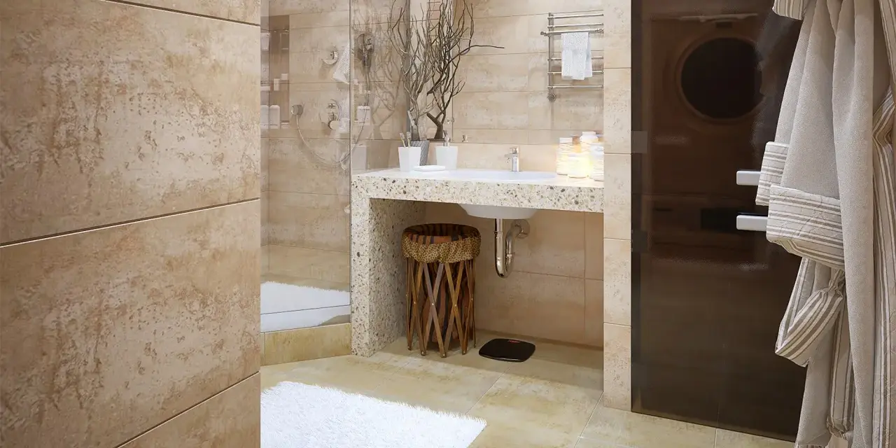 Salle de bain moderne avec carrelage imitation travertin. Un nettoyage à la vapeur serait idéal pour maintenir cette finition.