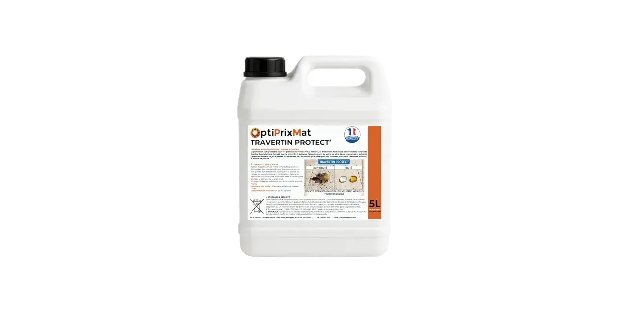 Bidon de 5L de Travertin Protect, un produit qui illustre la différence entre hydrofuge et oléofuge pour protéger vos pierres.