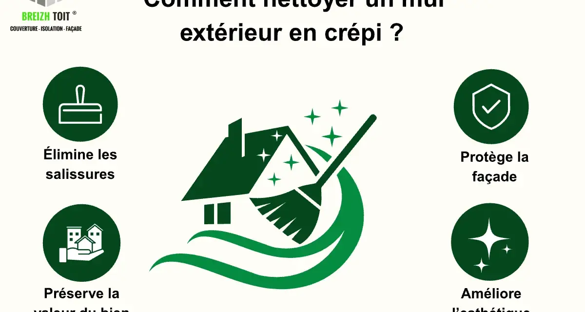 Nettoyer un mur extérieur en crépi pour enlever le vert et les salissures. L'image montre une maison propre, protégée et esthétique.