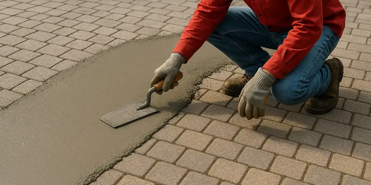 Un ouvrier utilise une truelle pour lisser du mortier sur des pavés autobloquants, préparant le terrain pour une nouvelle finition.