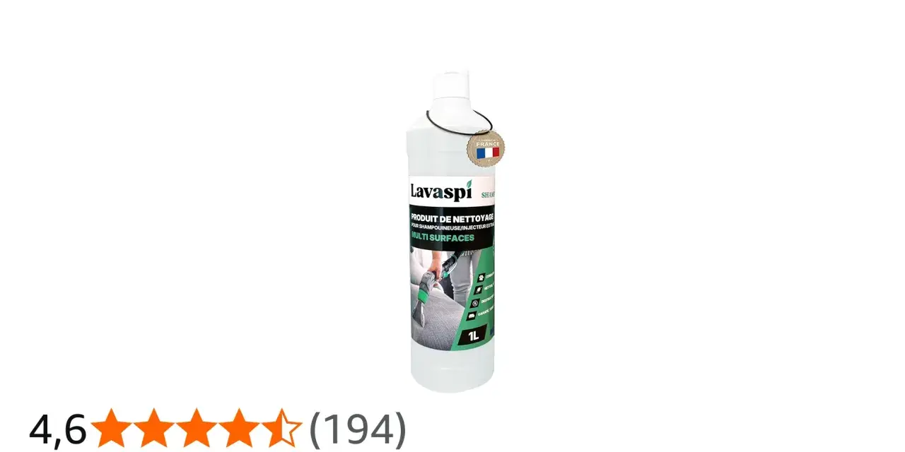 Produit de nettoyage Lavaspi pour shampouineuse, idéal pour savoir quoi mettre dans une shampouineuse. Nettoie toutes surfaces. 1L.