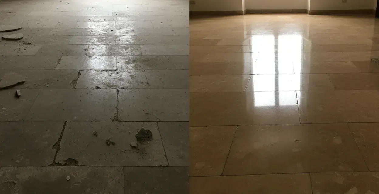 Avant/après : un sol en travertin sale et abîmé transformé en une surface brillante et immaculée.