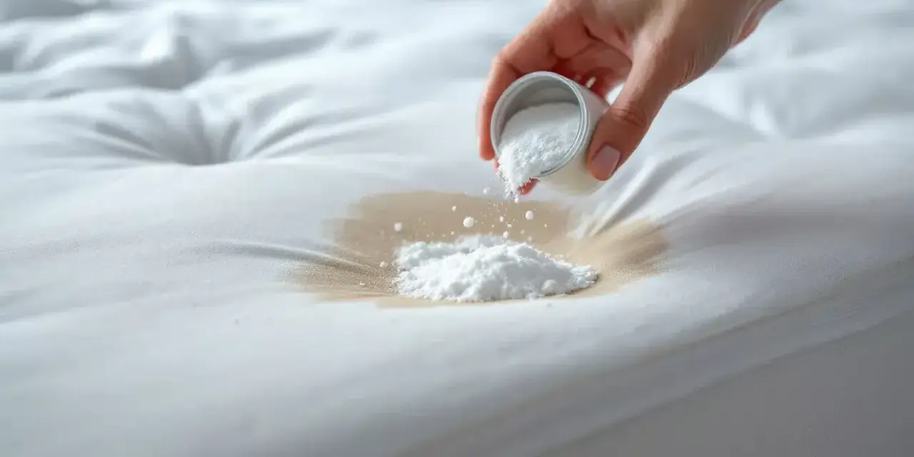 Main blanche, une main verse une poudre blanche sur une tache sur un matelas. Aide à nettoyer matelas pipi.