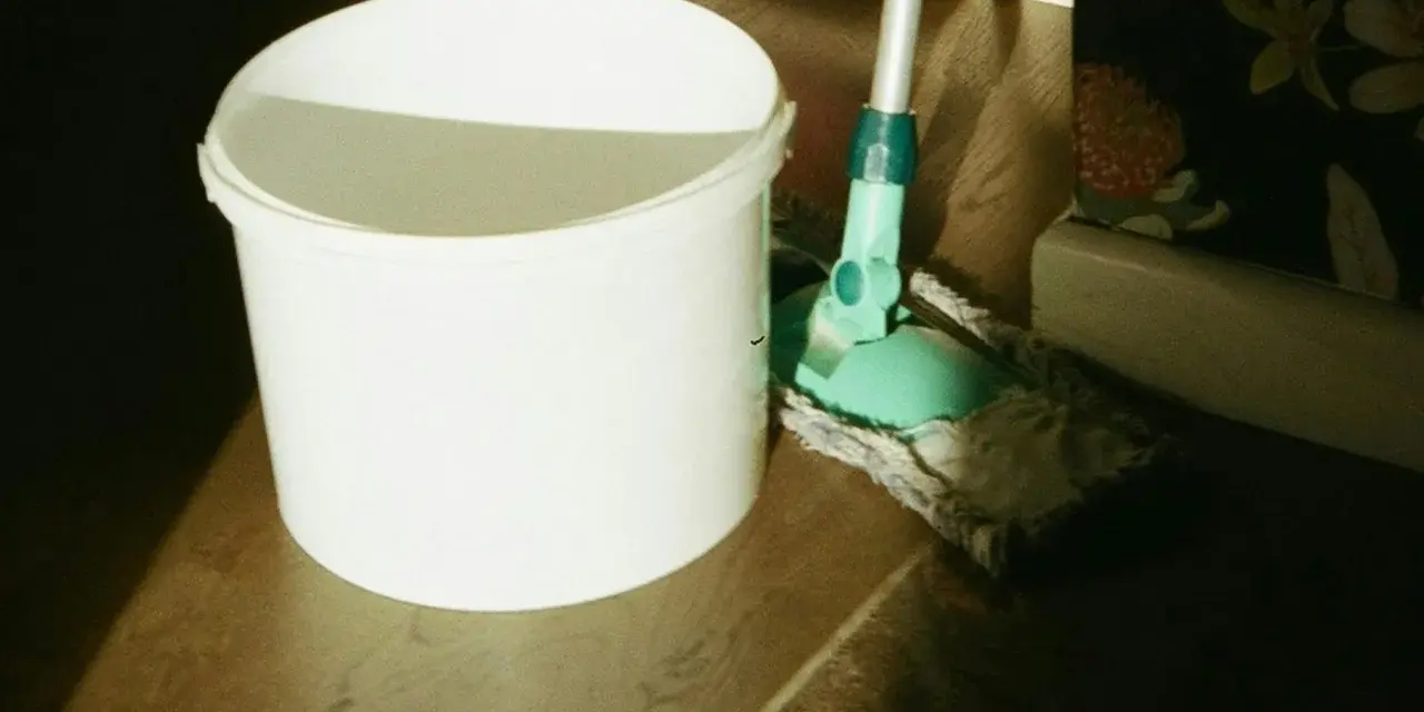 Seau blanc et serpillère verte prêts pour un nettoyage de sol maison. La lumière du soleil éclaire la scène.