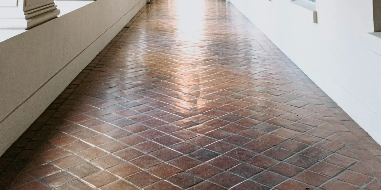 Un couloir avec un carrelage en terre cuite, dont la surface semble avoir été traitée pour vitrifier un carrelage, reflète la lumière.