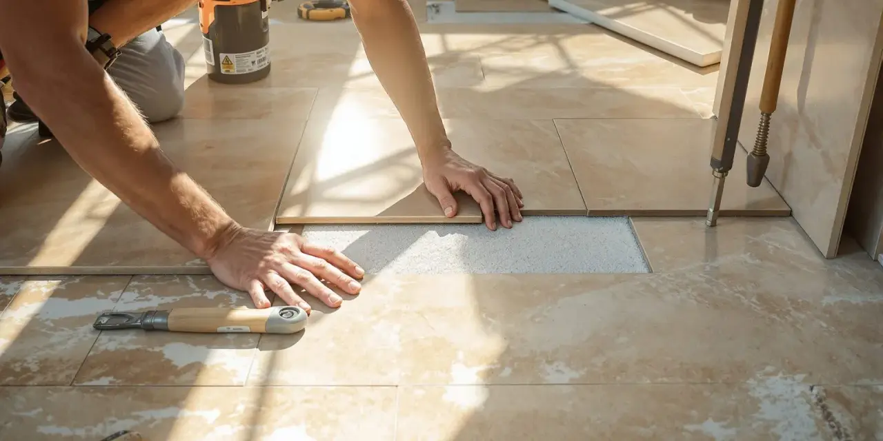 Pose d'un carrelage imitation travertin. Mains ajustant une dalle sur le lit de mortier. Outil de carreleur à proximité.
