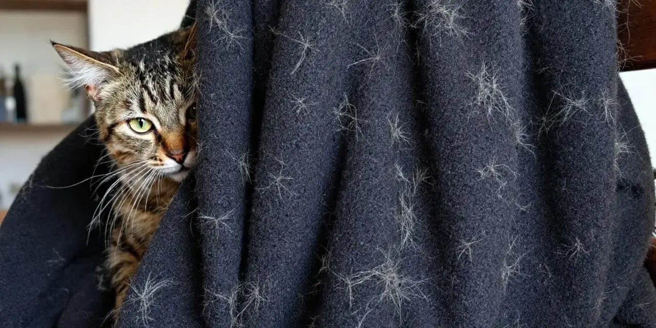 Un chat tigré se cache derrière un plaid couvert de poils. Une aide pour savoir comment enlever les poils de chat.