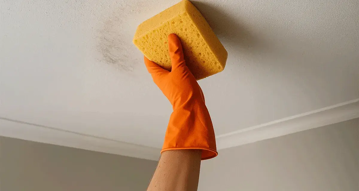 Main tenant nettoie le plafond taché avec une éponge jaune. Le sol sale n'est plus un problème.