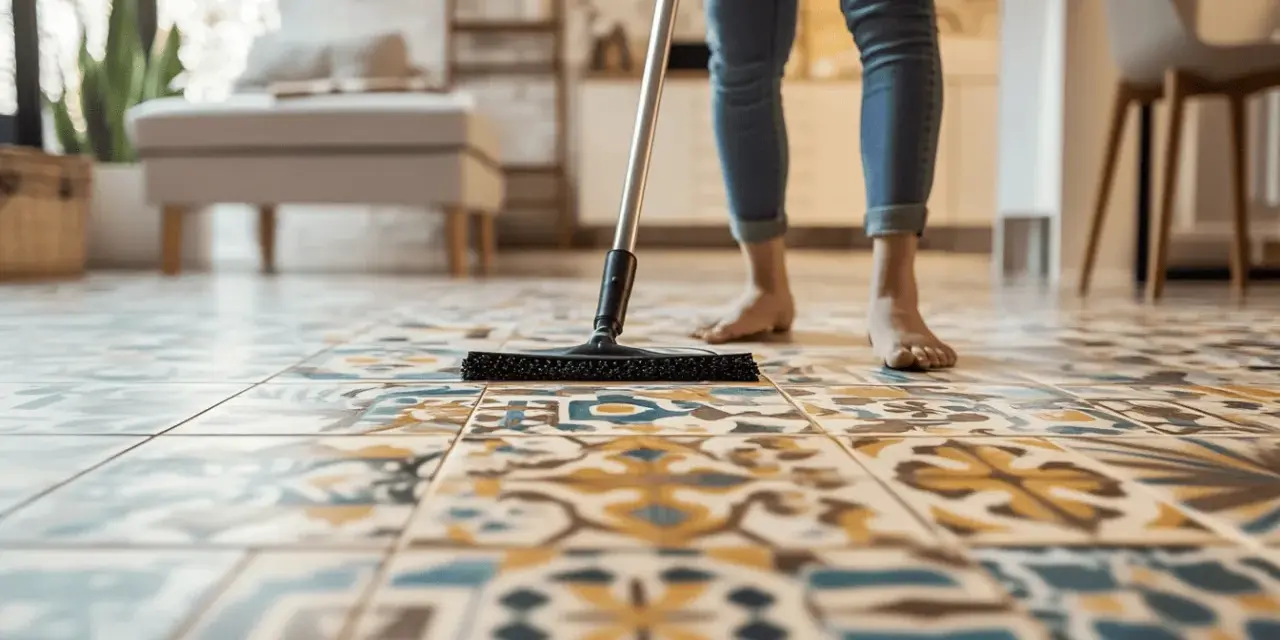 Une personne nettoie des carreaux de ciment anciens avec une brosse.