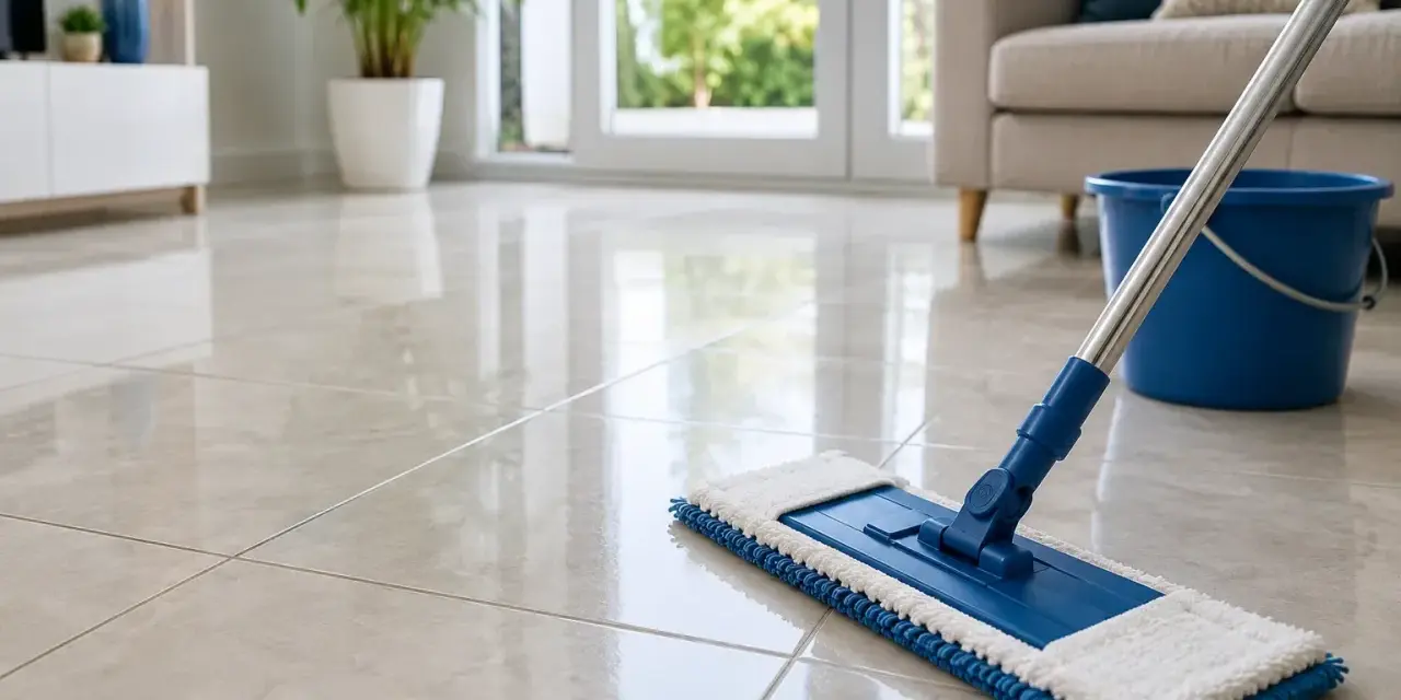 Un balai bleu et blanc est prêt à laver le carrelage sans trace. Un seau bleu est à proximité.