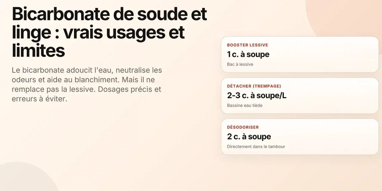 Le bicarbonate de soude pour le linge : astuces pour booster, détacher et désodoriser. Il adoucit l'eau et neutralise les odeurs.
