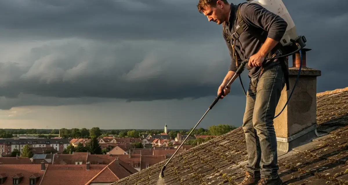 Un homme traite un toit couvert de mousse, sous un ciel orageux. Il se demande combien de temps avant pluie son anti-mousse sera efficace.