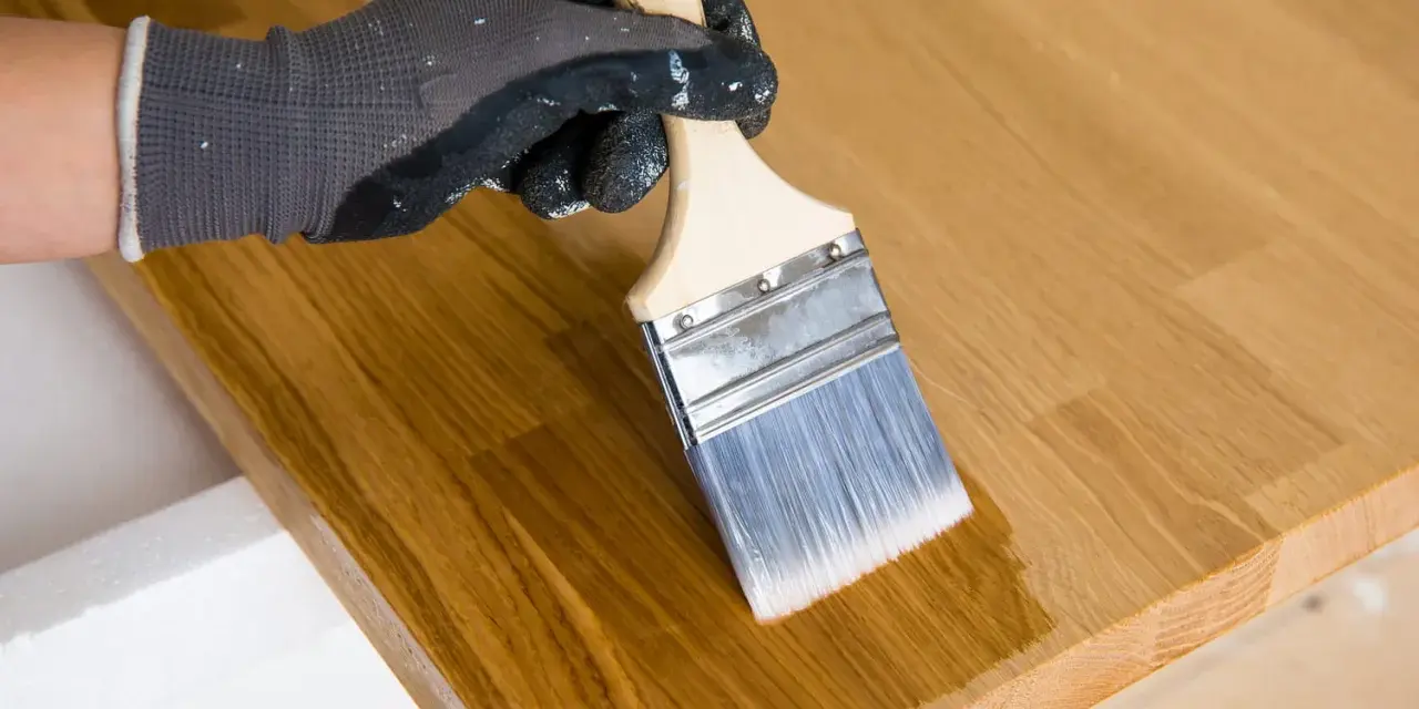 Main tenant avec un pinceau pour enlever l'huile de lin sur du bois.