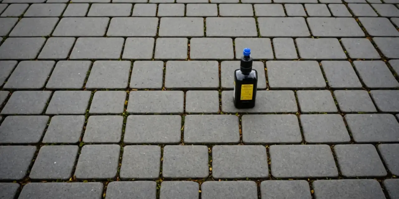 Bouteille de vinaigre blanc sur des pavés autobloquants gris, prête pour un nettoyage écologique.