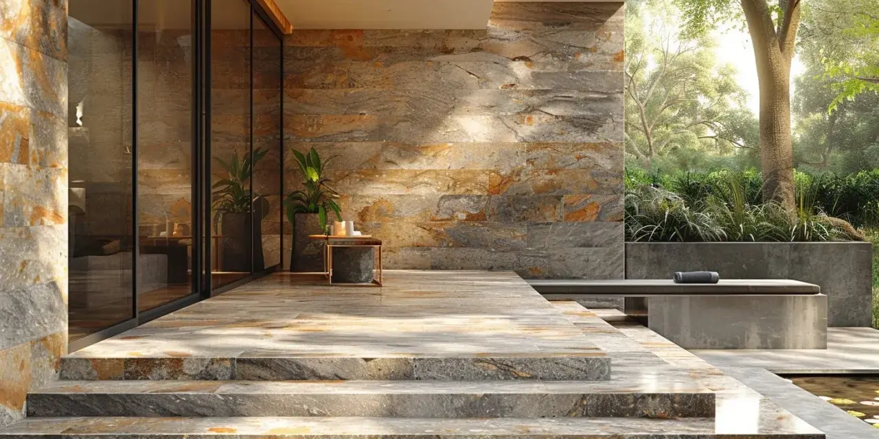 Escalier en pose travertin sur dalle béton, menant à une terrasse moderne avec mur en pierre naturelle et végétation luxuriante.