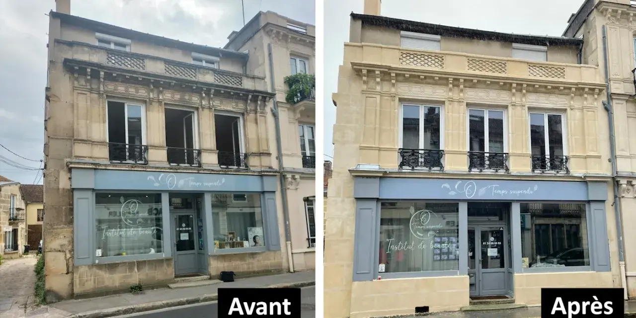 Avant/Après : un mur en pierre intérieur noirci a été nettoyé, révélant sa beauté naturelle.