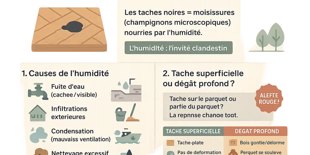Illustration d'un parquet avec une tache noire, symbole de moisissures causées par l'humidité. Le parquet noirci par l'humidité est un problème à traiter.