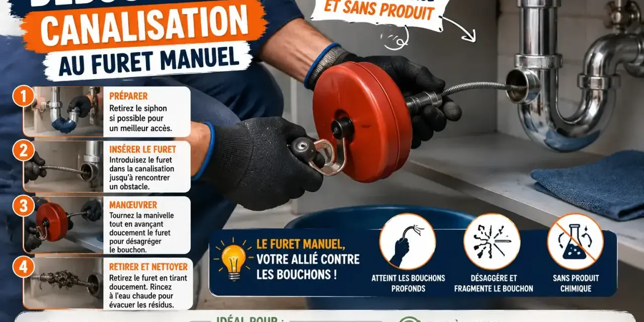 Un homme utilise un furet manuel pour déboucher une canalisation sous un évier. L'image montre les étapes pour un débouchage efficace.
